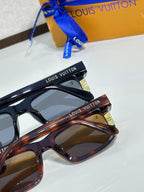 Eyeglasses frames, one dark blue and one tortoise patterned, with tinted lenses