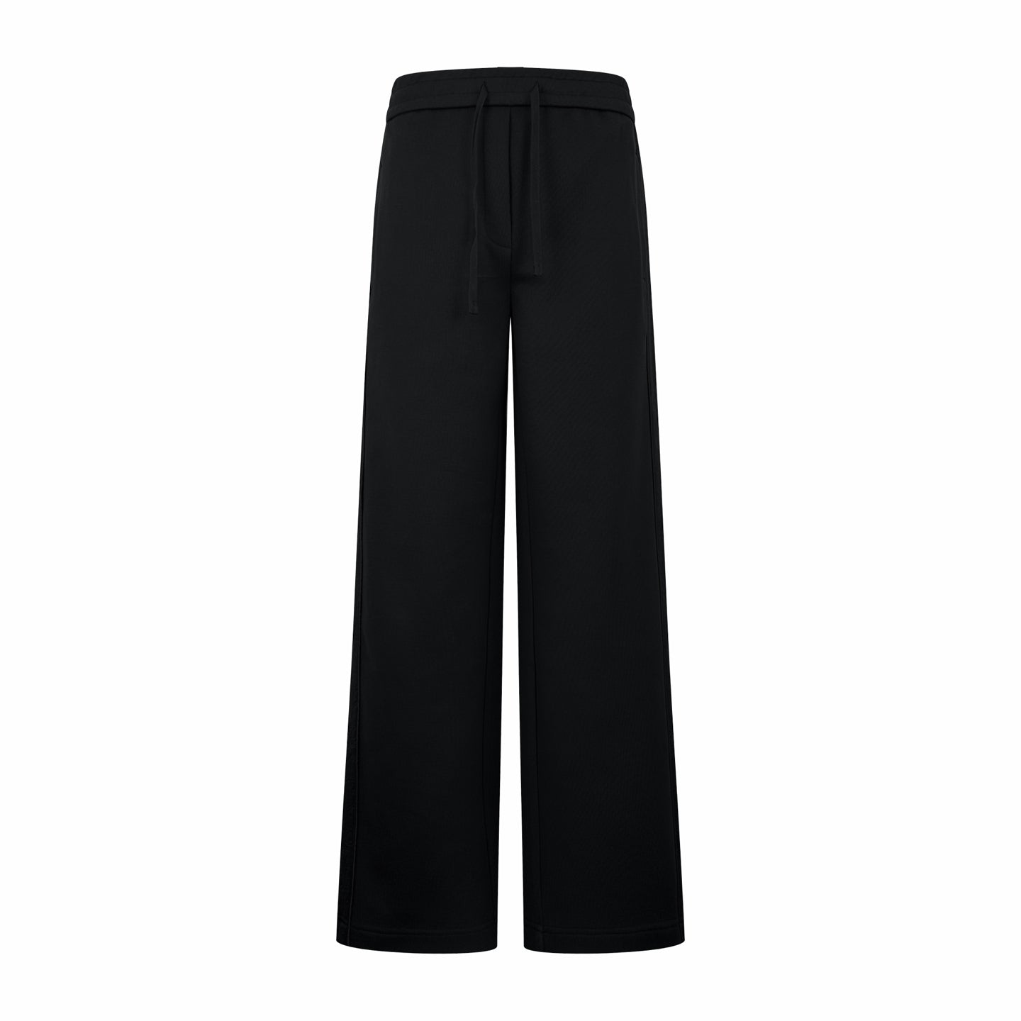 Black Dior pants with elastic drawstring waist and wide straight legs