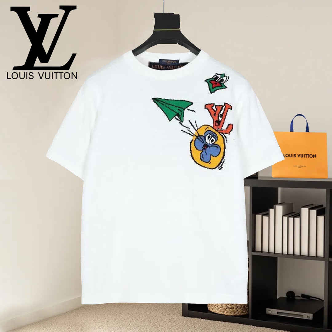 White crew-neck T-shirt with colorful cartoon graphic front