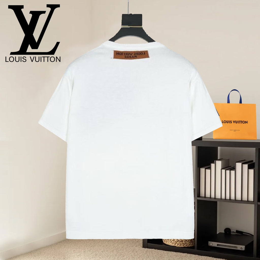 White crew-neck T-shirt back view with brand neck label