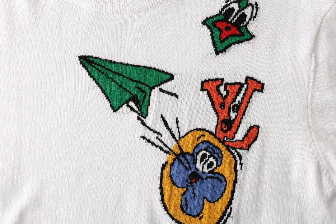 White crew-neck T-shirt close-up of colorful chest graphic