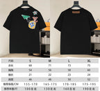 Black T-shirt front and back displayed on hangers