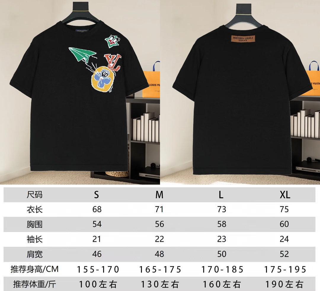 Black T-shirt front and back displayed on hangers
