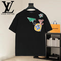 Black T-shirt with colorful paper-plane graphic on chest