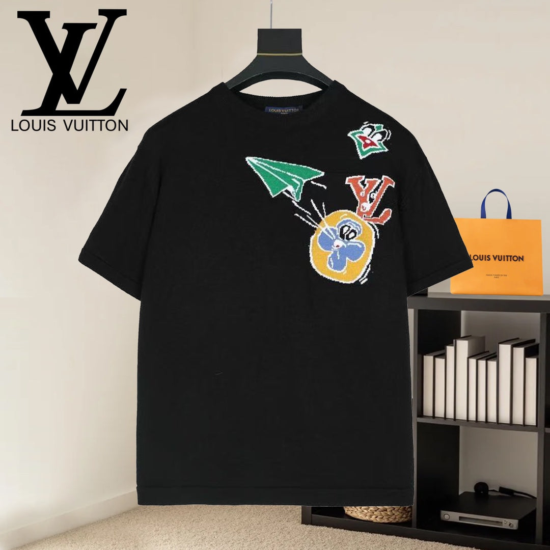 Black T-shirt with colorful paper-plane graphic on chest