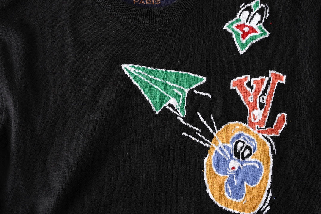 Black T-shirt chest print with paper-plane, LV letters, and cartoon bunny