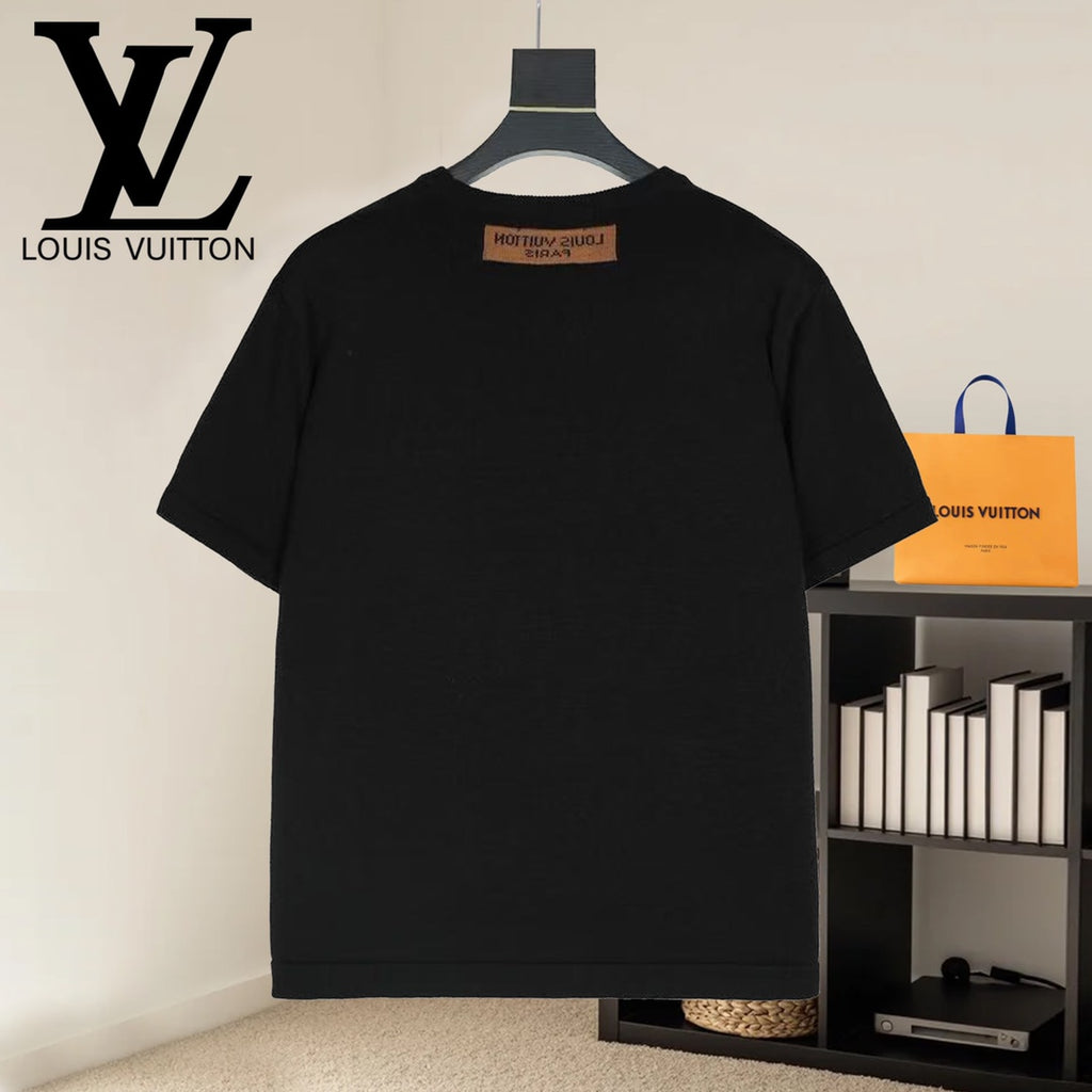 Black T-shirt back view with small brown neck label