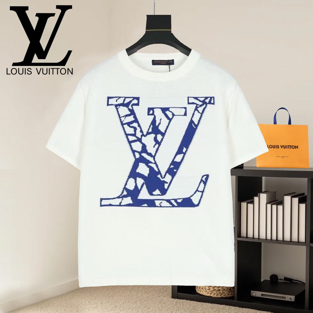 Louis Vuitton short-sleeve T-shirt, white with large blue LV-style V print front