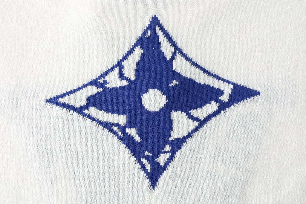 Louis Vuitton T-shirt detail, white fabric with blue diamond logo print