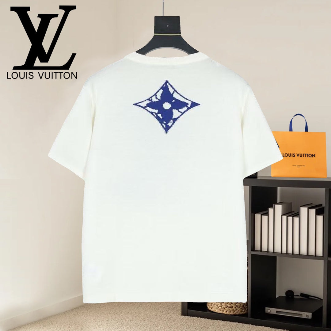 Louis Vuitton short-sleeve T-shirt, white with blue diamond LV-style print on back