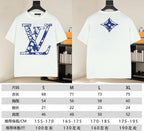Louis Vuitton T-shirt front and back views, with size chart for S to XL