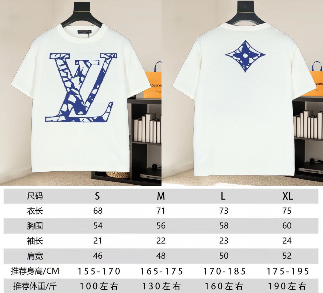 Louis Vuitton T-shirt front and back views, with size chart for S to XL