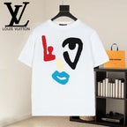 Louis Vuitton white graphic T-shirt with red, black, and blue face print, crew neck
