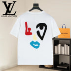 Back of Louis Vuitton white graphic T-shirt with red, black, and blue face print, crew neck