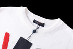 White crewneck T-shirt neckline with black tag and hanging Louis Vuitton label