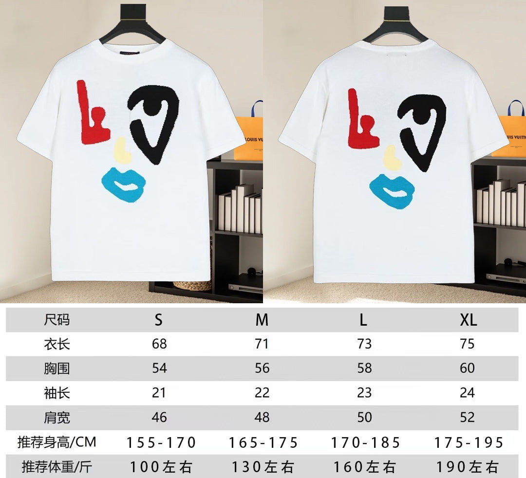 Two white graphic T-shirts on hangers, front print shown with size chart overlay