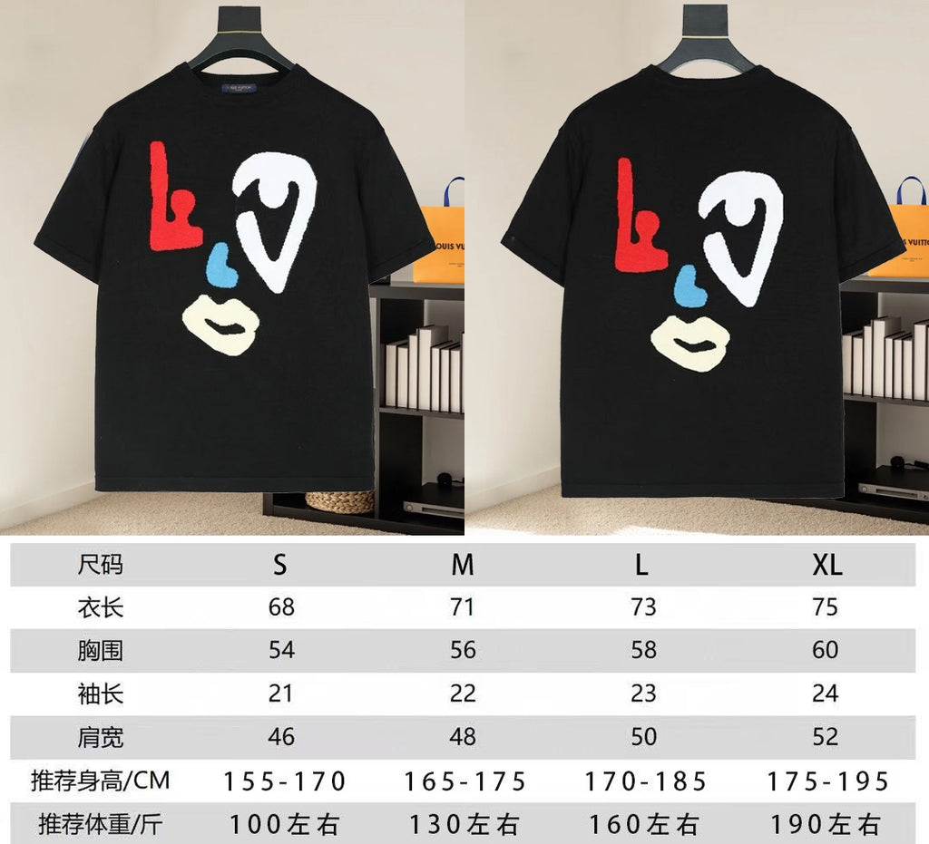 Two black graphic T-shirts with red, blue, and white face print shown side by side