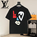 Black graphic T-shirt with red, blue, and white face print