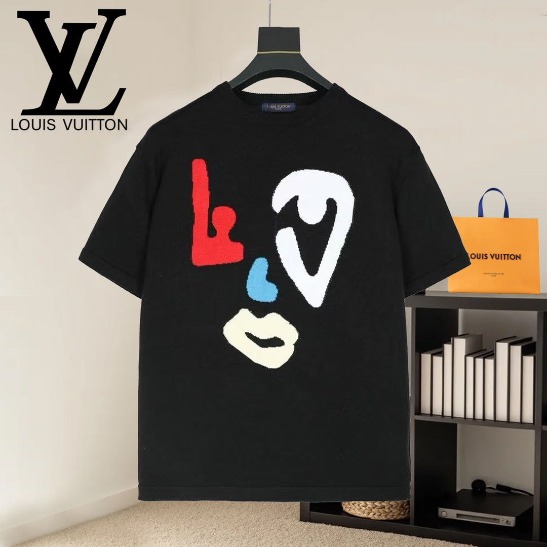 Black graphic T-shirt with red, blue, and white face print