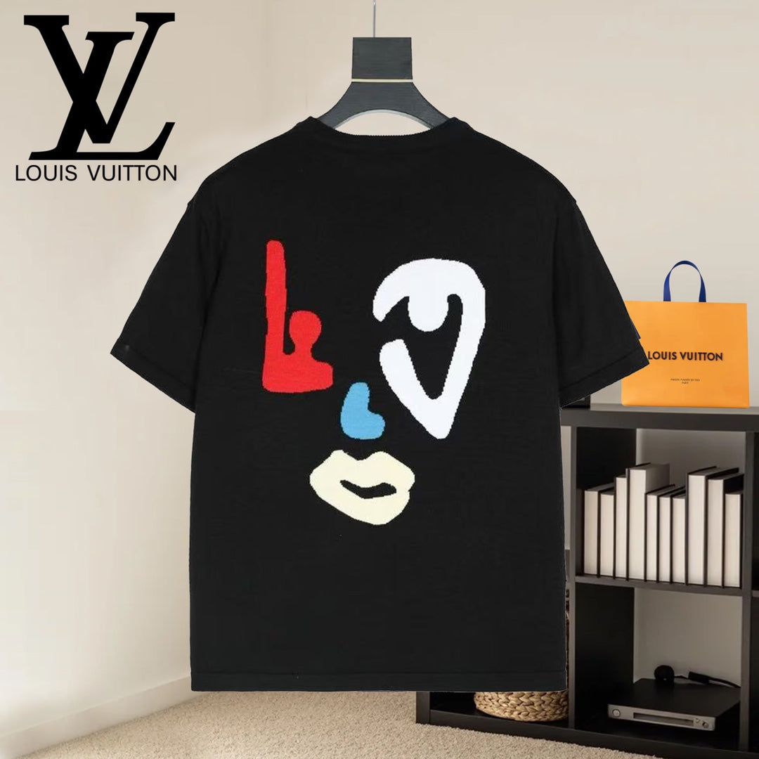 Black graphic T-shirt, back view with red, blue, and white face print