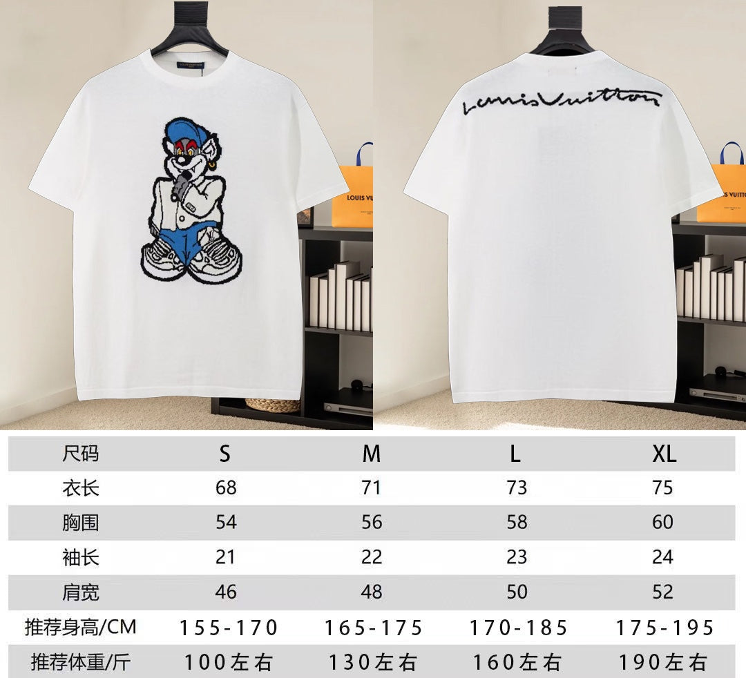 Louis Vuitton white T-shirt front and back views with cartoon graphic