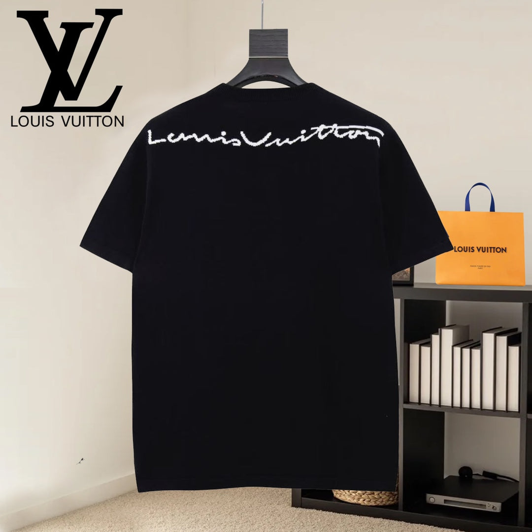 Black T-shirt with Louis Vuitton script logo on back