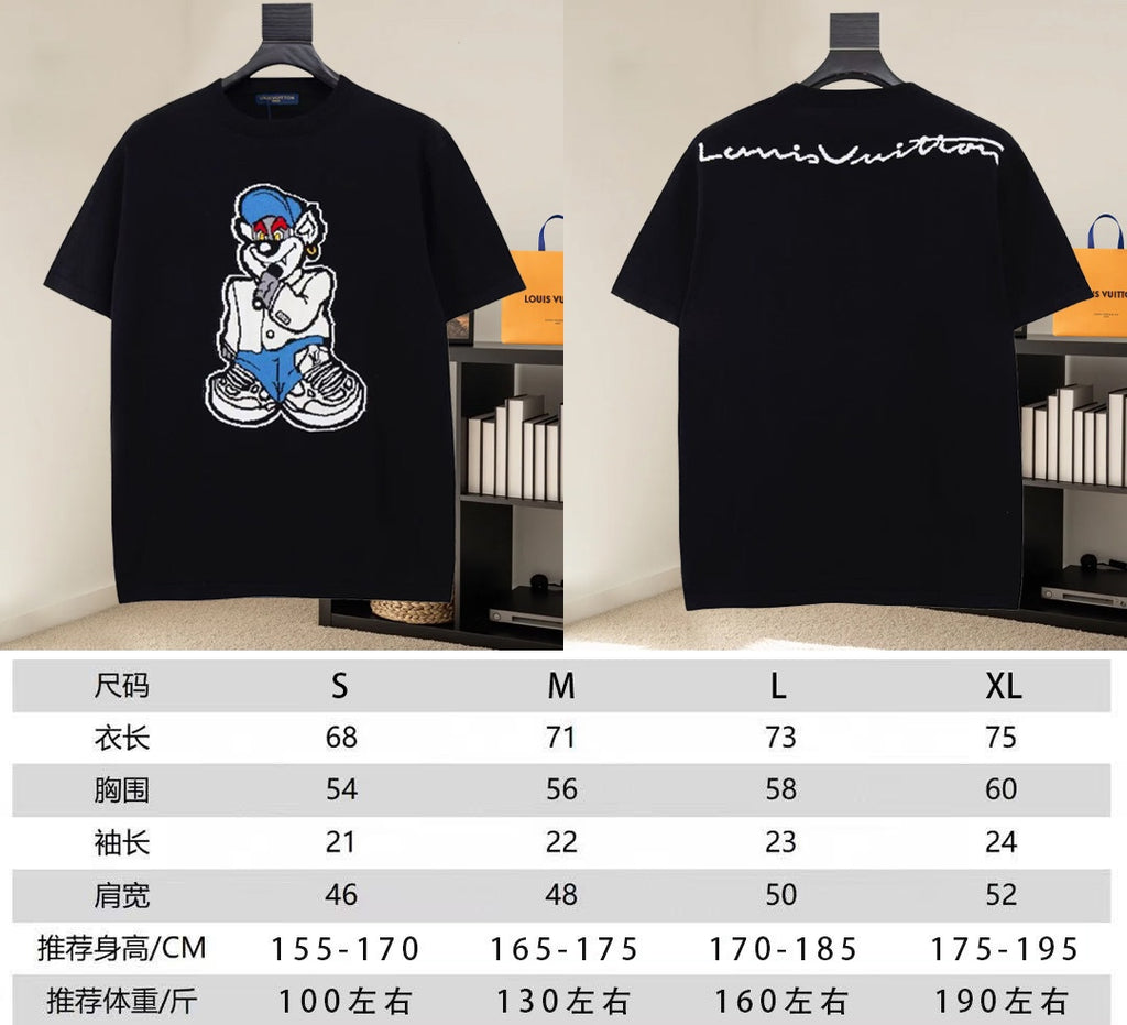 Black T-shirt front and back views with size chart underneath
