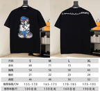 Black T-shirt front and back views with size chart underneath