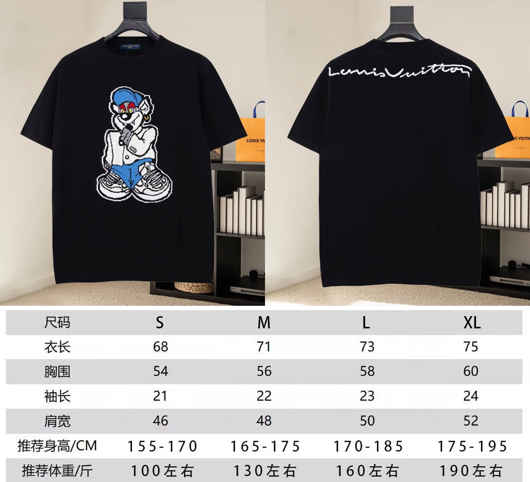 Black T-shirt front and back views with size chart underneath