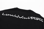 Black T-shirt back with white script logo graphic