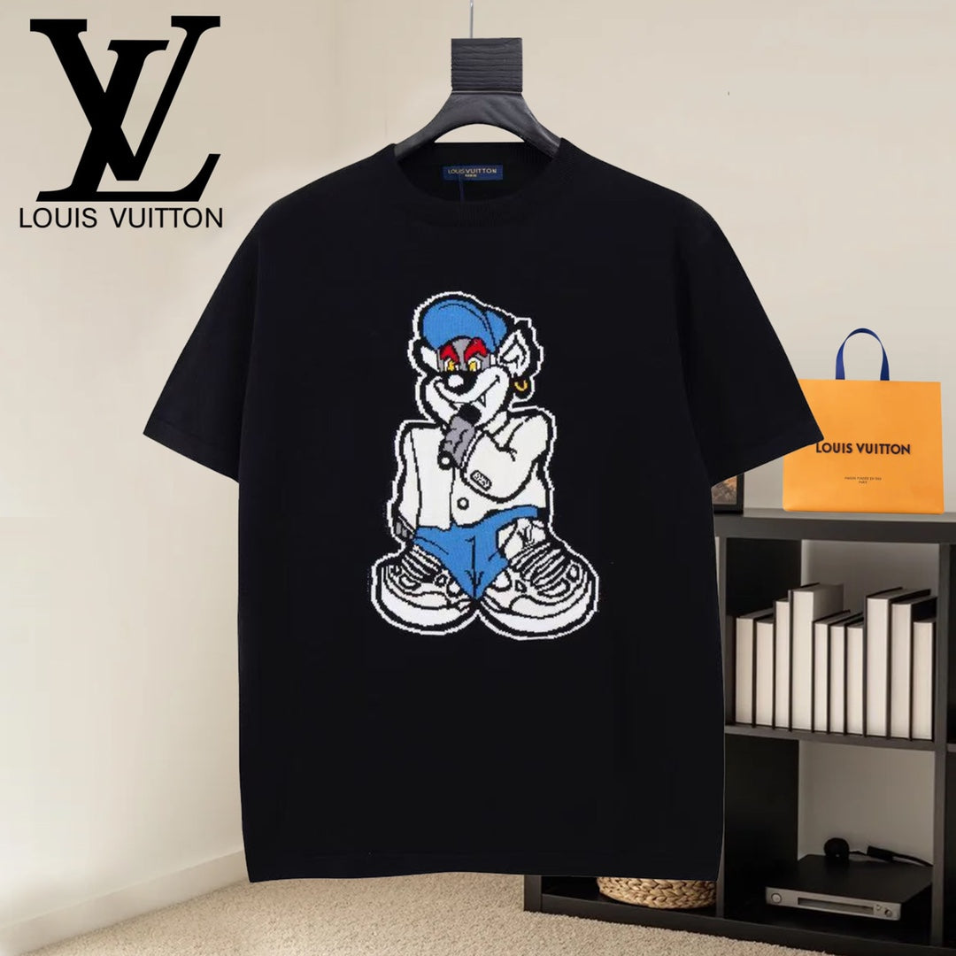 Black T-shirt with cartoon mascot graphic on chest