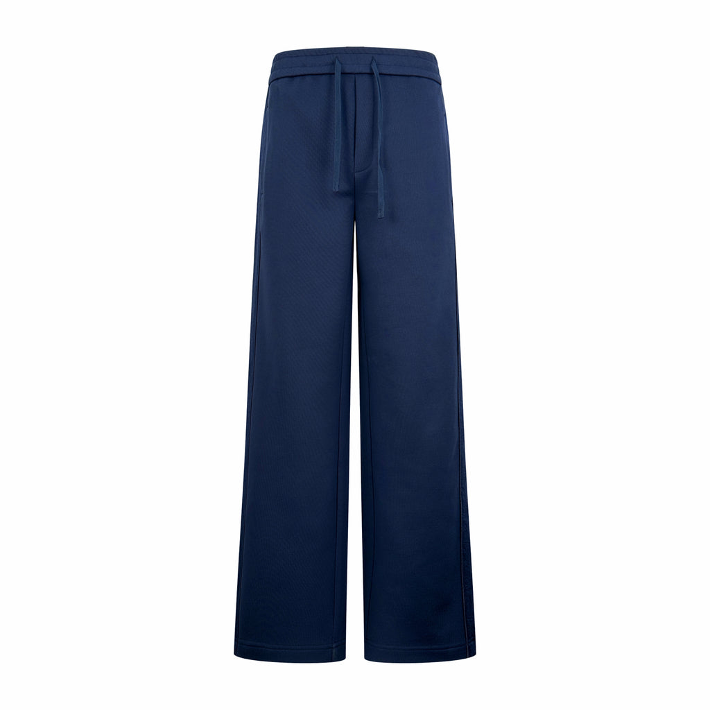 Navy wide-leg drawstring pants with elastic waistband and side pockets