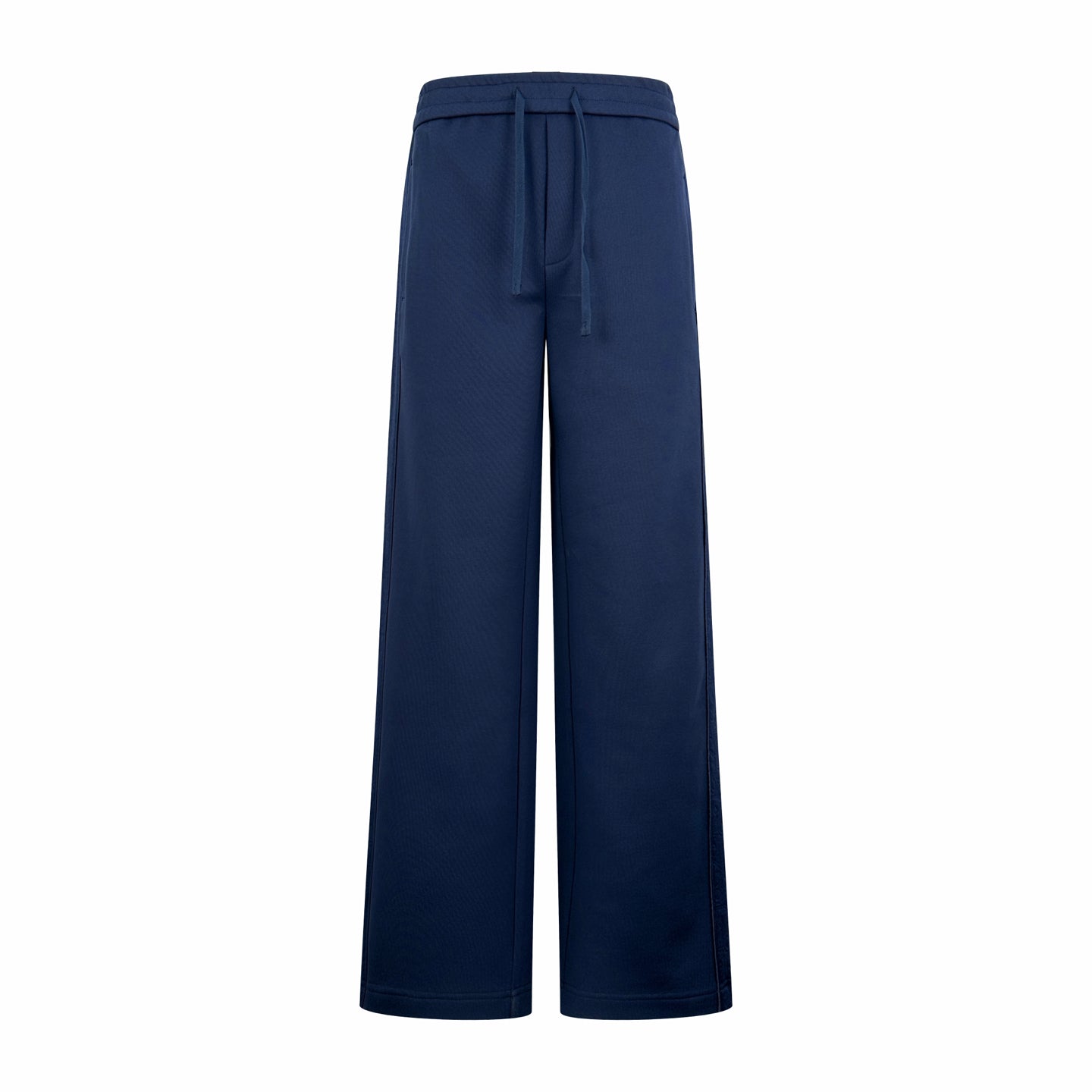 Navy wide-leg drawstring pants with elastic waistband and side pockets