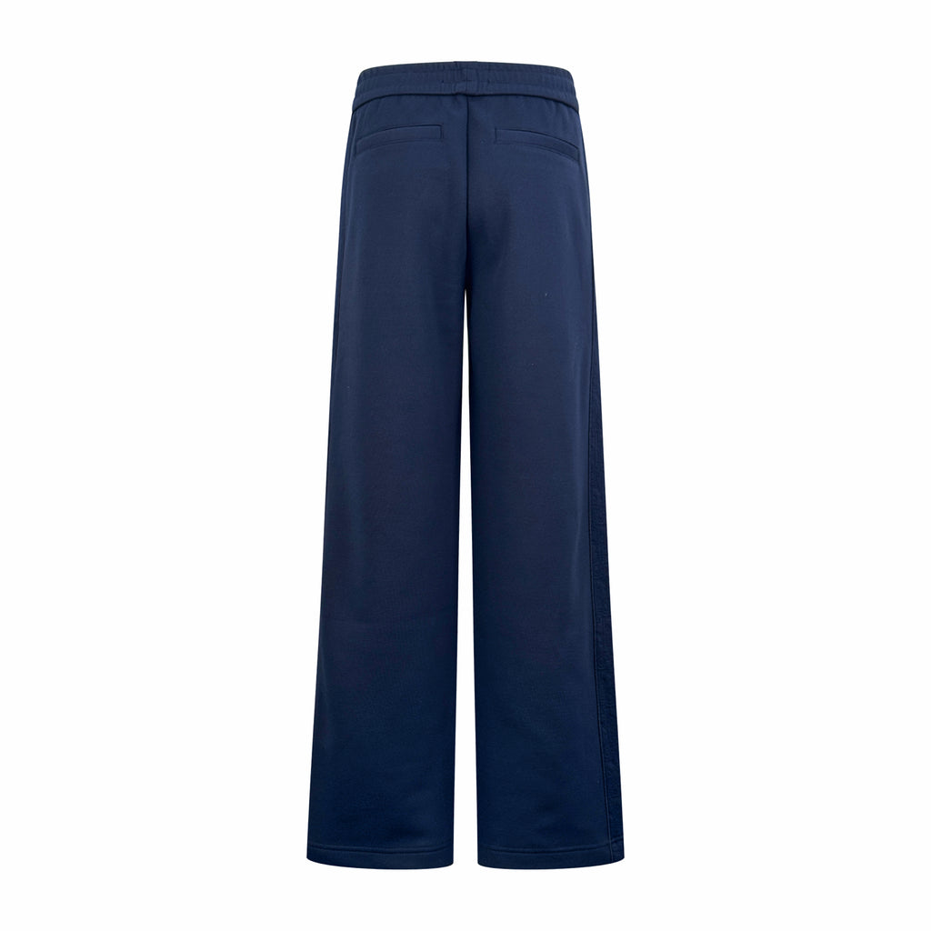Navy wide-leg pants front view with pleat detailing and straight legs