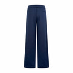 Navy wide-leg pants front view with pleat detailing and straight legs