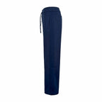 Navy pants back view with elastic waistband and hanging drawstring ties