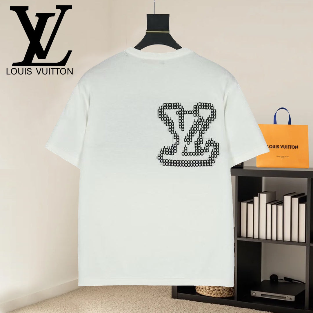 Light blue T-shirt with black LV heart motif centered on back