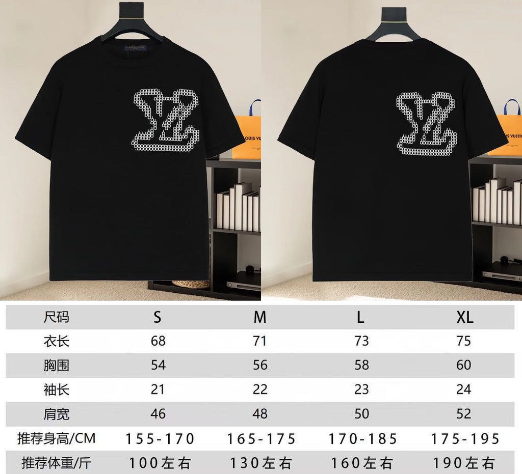 Black Louis Vuitton T-shirt size chart with front and back views