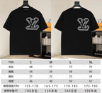 Black Louis Vuitton T-shirt size chart with front and back views