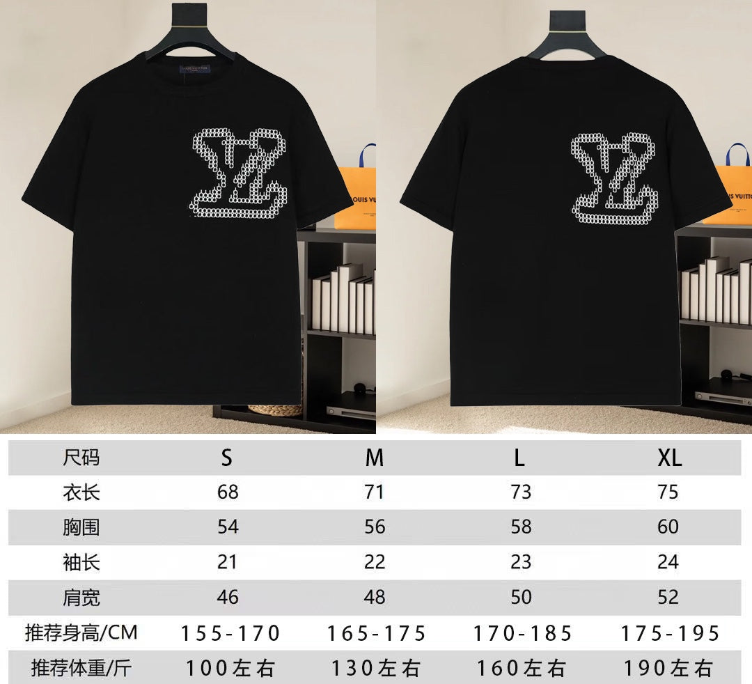 Black Louis Vuitton T-shirt size chart with front and back views