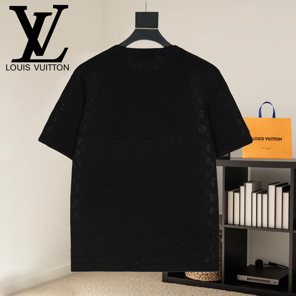 Black crewneck T-shirt with subtle monogram pattern, back view on hanger