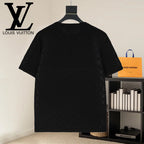 Black crewneck T-shirt with subtle monogram pattern, back view on hanger