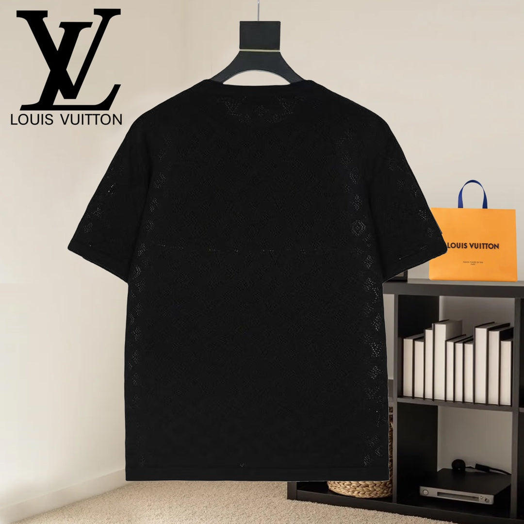 Black crewneck T-shirt with subtle monogram pattern, back view on hanger