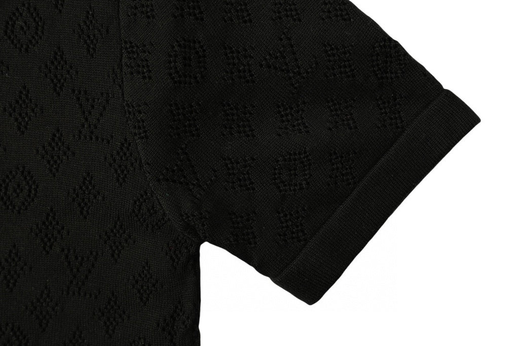 Black short-sleeve T-shirt with subtle monogram pattern and ribbed cuff