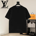Black crewneck T-shirt with subtle monogram pattern, short sleeves on hanger