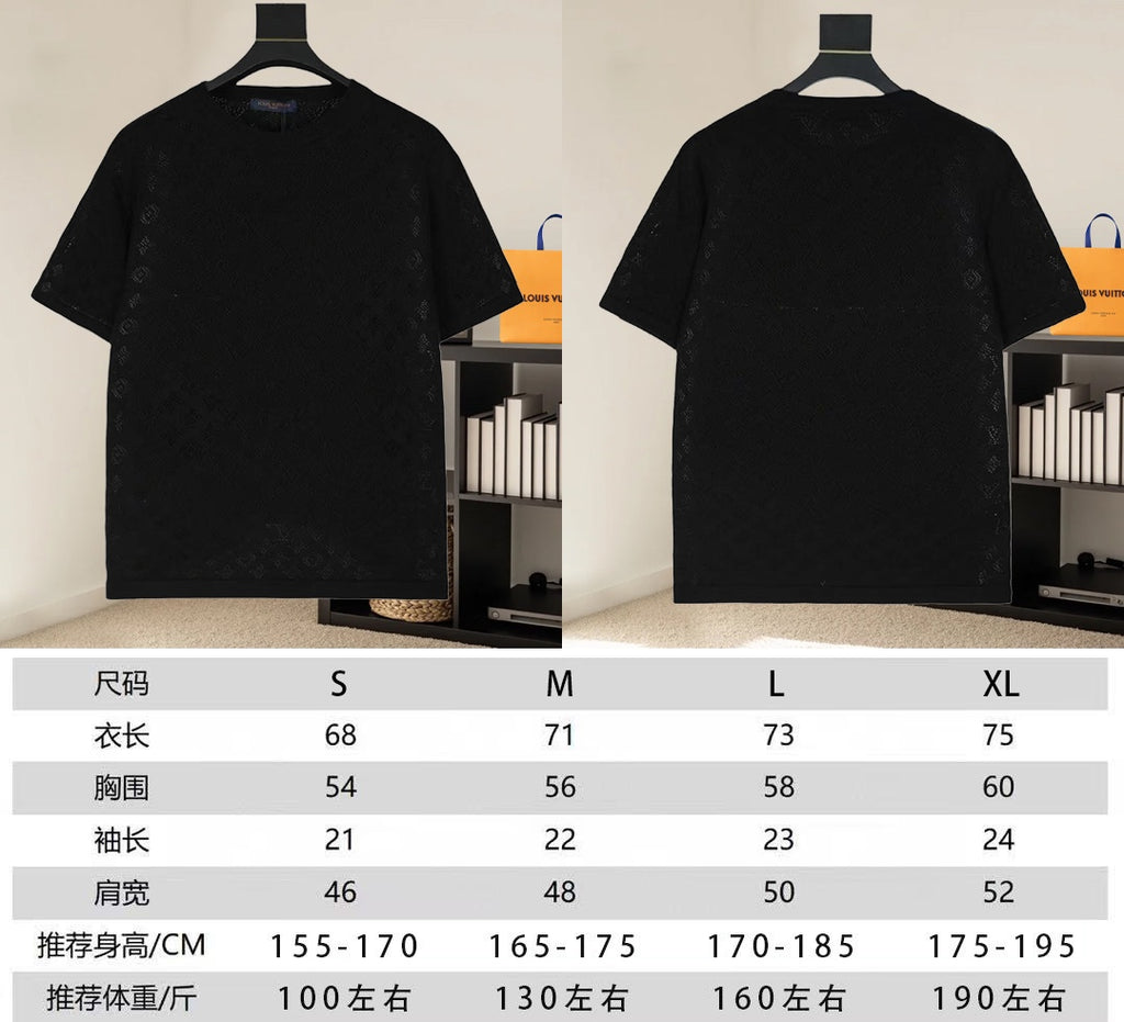 Black crewneck T-shirt on hangers, front and back views