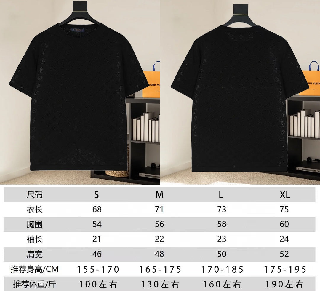 Black crewneck T-shirt on hangers, front and back views