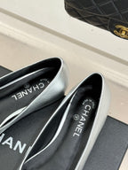 Chanel ladies silver ballet flats with black insole, Made in CHANEL lettering