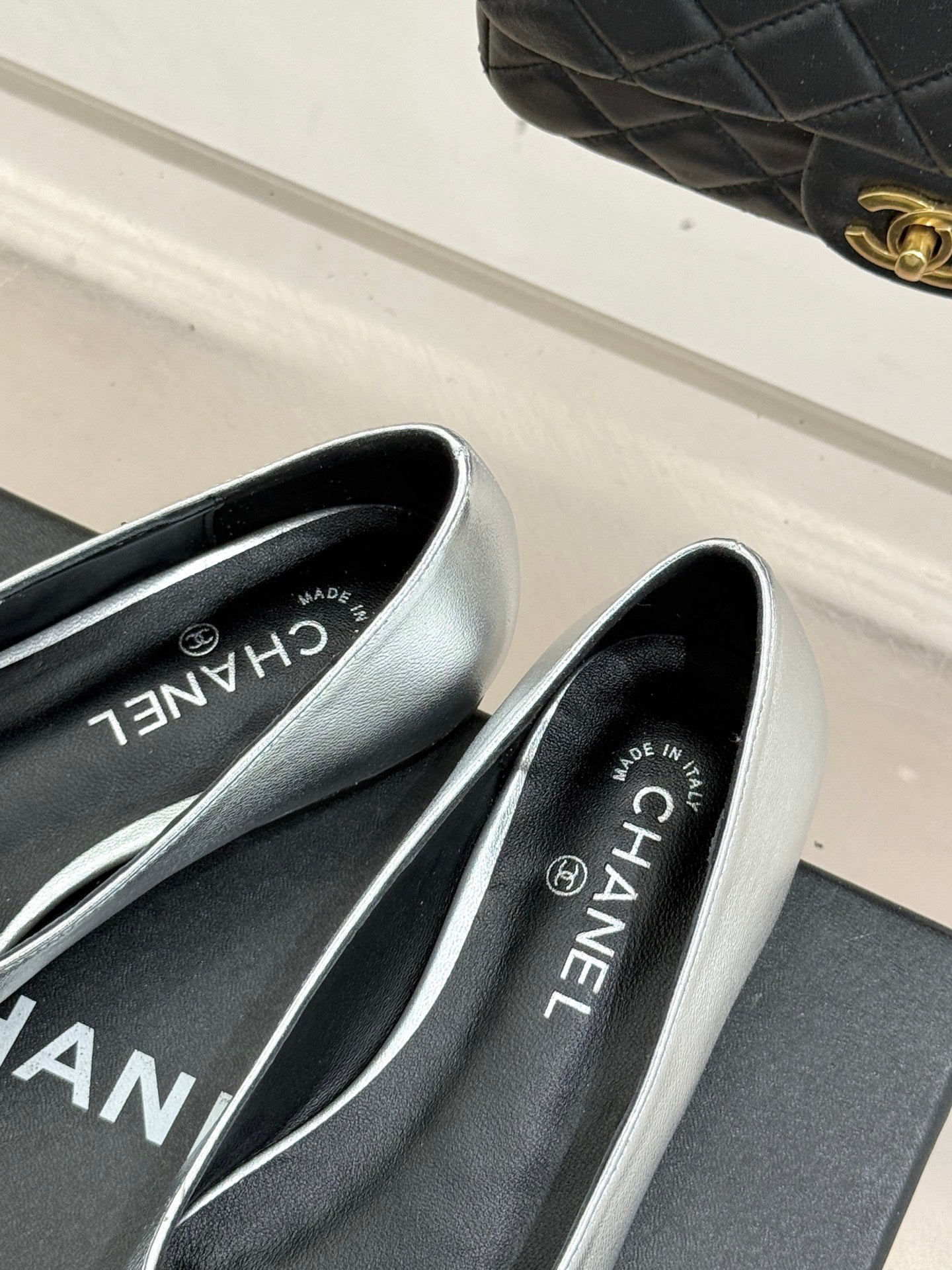 Chanel ladies silver ballet flats with black insole, Made in CHANEL lettering