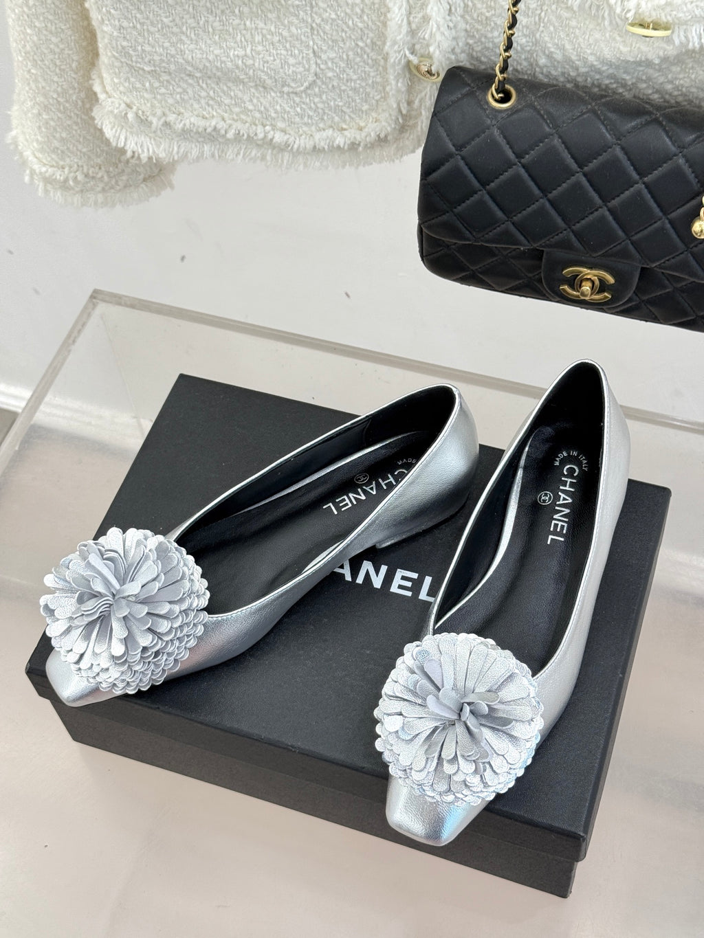 Pair of Chanel ladies silver ballet flats with white fabric flower appliques